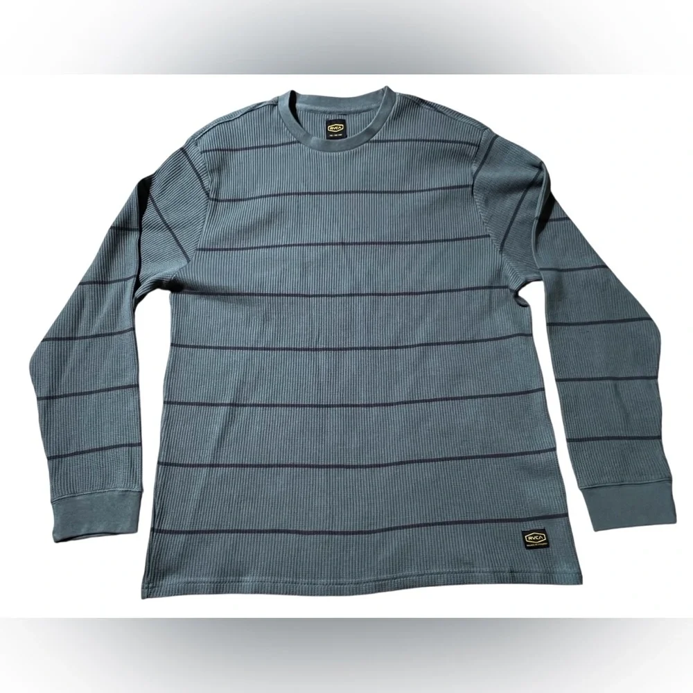 RVCA Day Shift Thermal Stripe Long Sleeve Shirt Men’s XXL Green Blue Waffle Knit